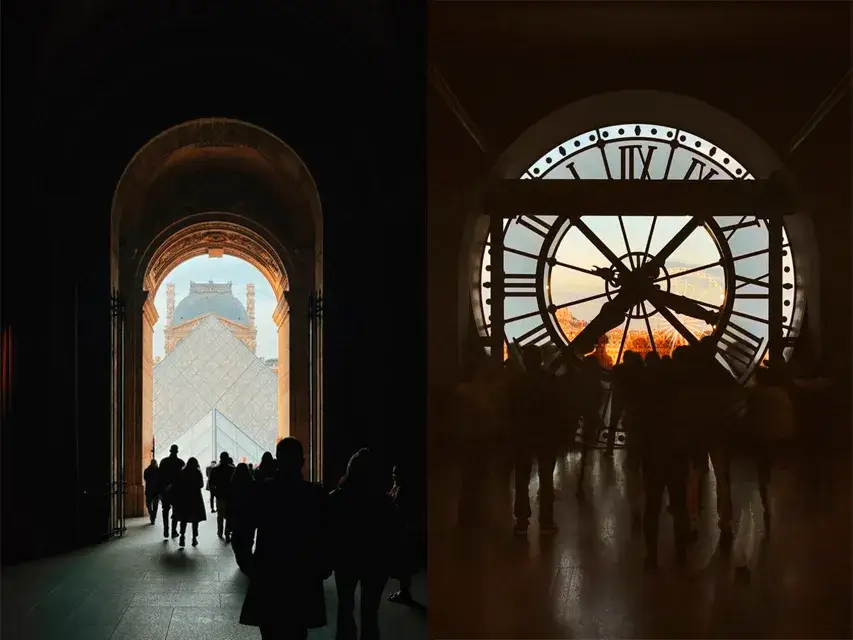 Visitors walking toward the Louvre Pyramid through an arched passage on the left, and silhouettes of people standing inside the Musée d’Orsay looking through a large clock face on the right