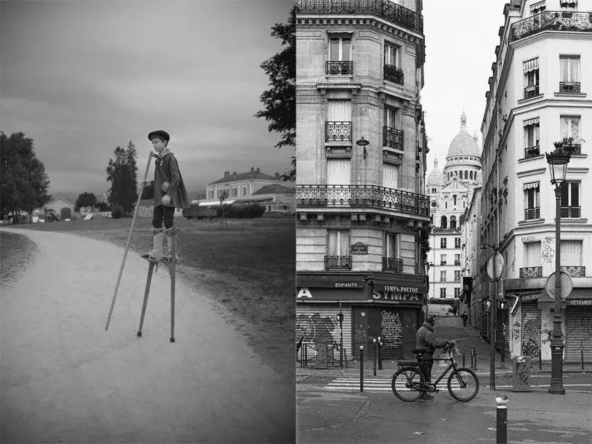 A black-and-white photo of a child standing on stilts in an open field on the left, and an urban street scene with a cyclist and Parisian buildings on the right