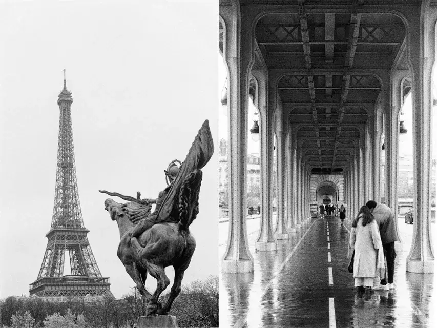 Black-and-white images: on the left, the Eiffel Tower with a dramatic equestrian statue in the foreground; on the right, people walking under the arches of a long covered bridge in Paris