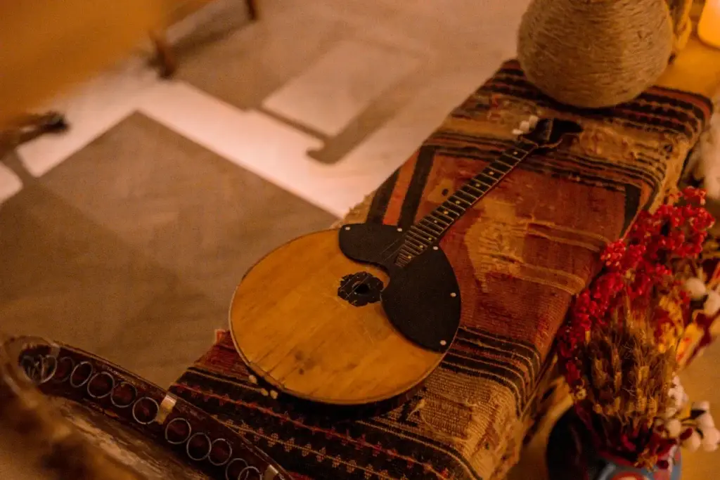 Домра на узорчатом ковре с сухоцветами