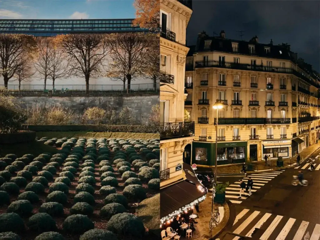 Garden with trimmed round bushes and leafless trees on the left, and a nighttime street view with illuminated Parisian buildings and a café on the right