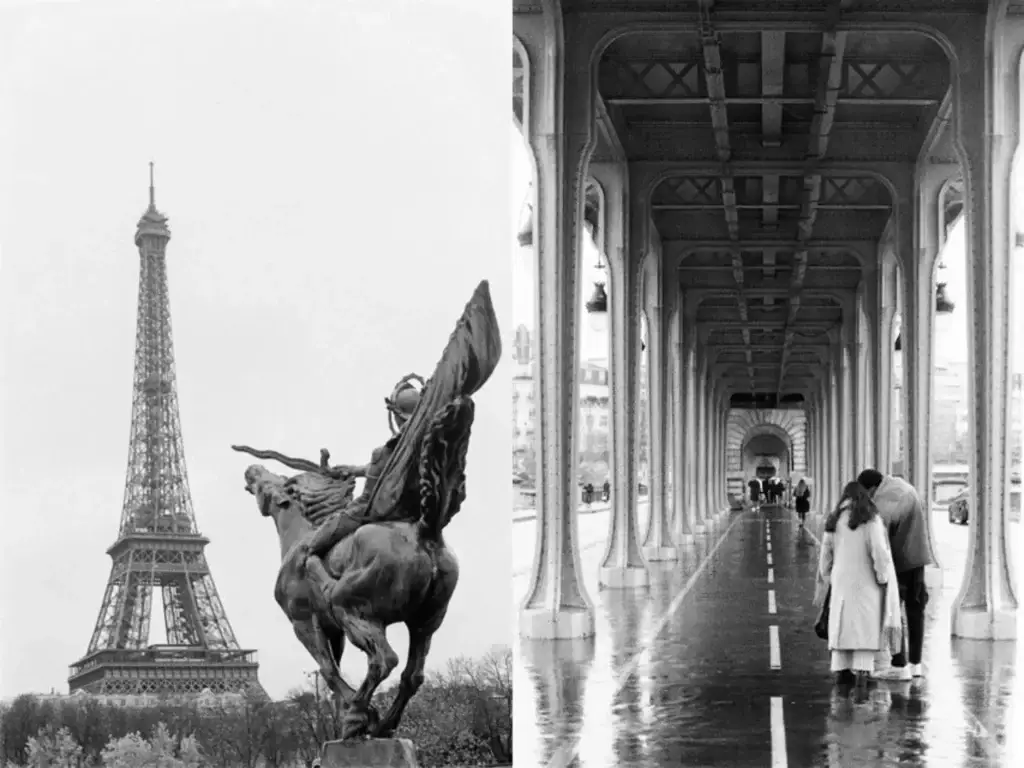 Black-and-white images: on the left, the Eiffel Tower with a dramatic equestrian statue in the foreground; on the right, people walking under the arches of a long covered bridge in Paris