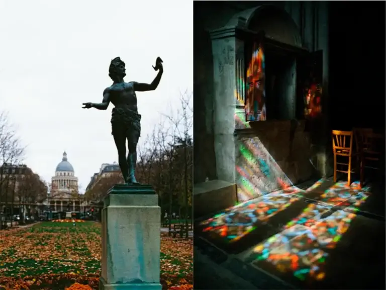 A bronze statue in a city park with a domed building in the background on the left, and colorful stained-glass light shining onto the stone floor inside a historic building on the right