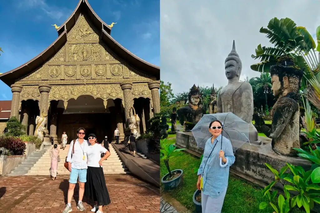 Люди у украшенного резьбой лаосского храма во Вьентьяне и женщина с зонтом рядом со статуями Будды в зелёном саду Парка Будды