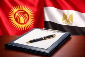 Папка с шариковой ручкой на фоне флагов Кыргызстана и Египта