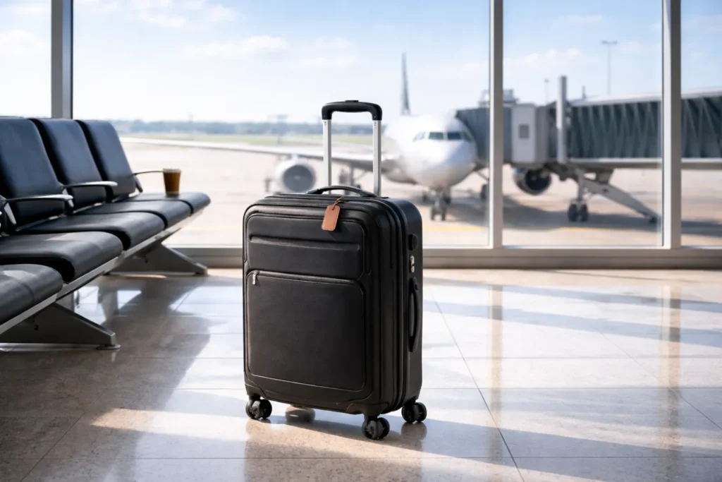 Черный чемодан в зале ожидания аэропорта
