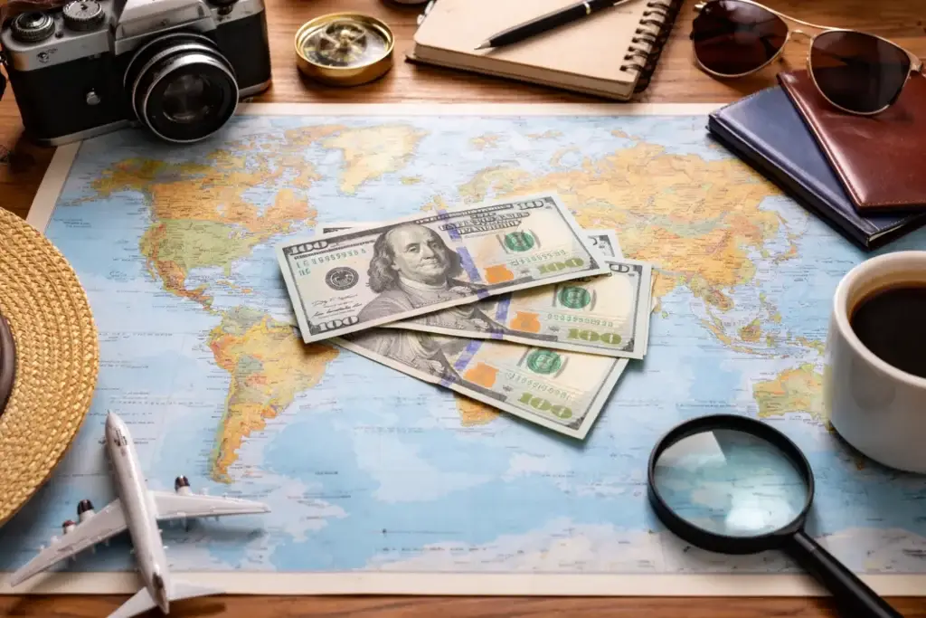 A world map on a table with $100 bills