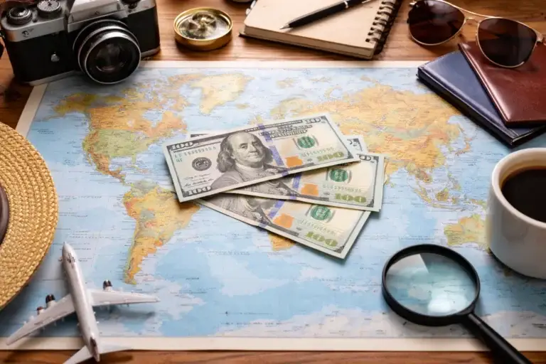 A world map on a table with $100 bills