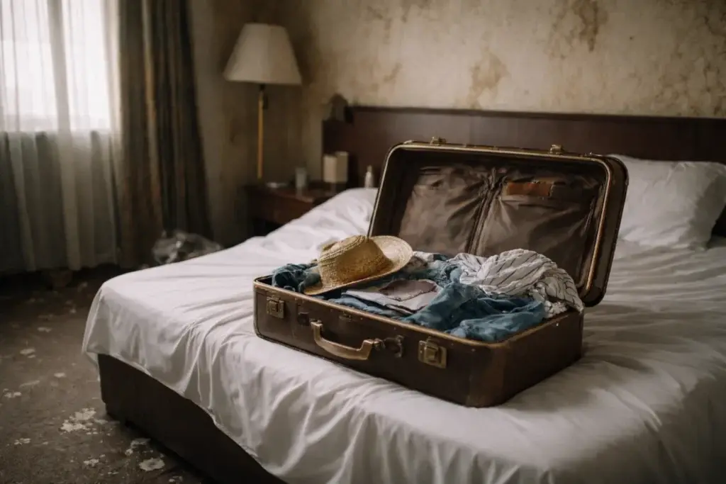 An antique suitcase on the bed in the room of an old ruined hotel