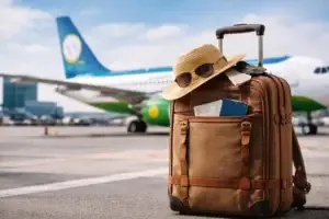 A tourist suitcase with a hat, sunglasses and tickets stands on the airport runway against the background of an airplane painted in the colors of the flag of Uzbekistan