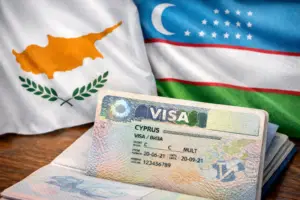 Visa on the background of the flags of the Republic of Cyprus and the Republic of Uzbekistan