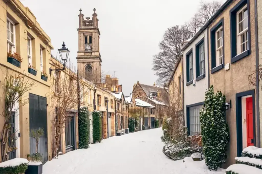 Snow covers Circus Lane in Stockbridge, Edinburgh