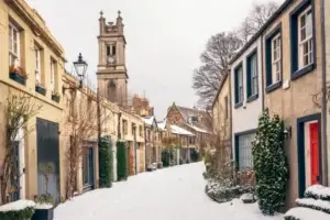 Snow covers Circus Lane in Stockbridge, Edinburgh