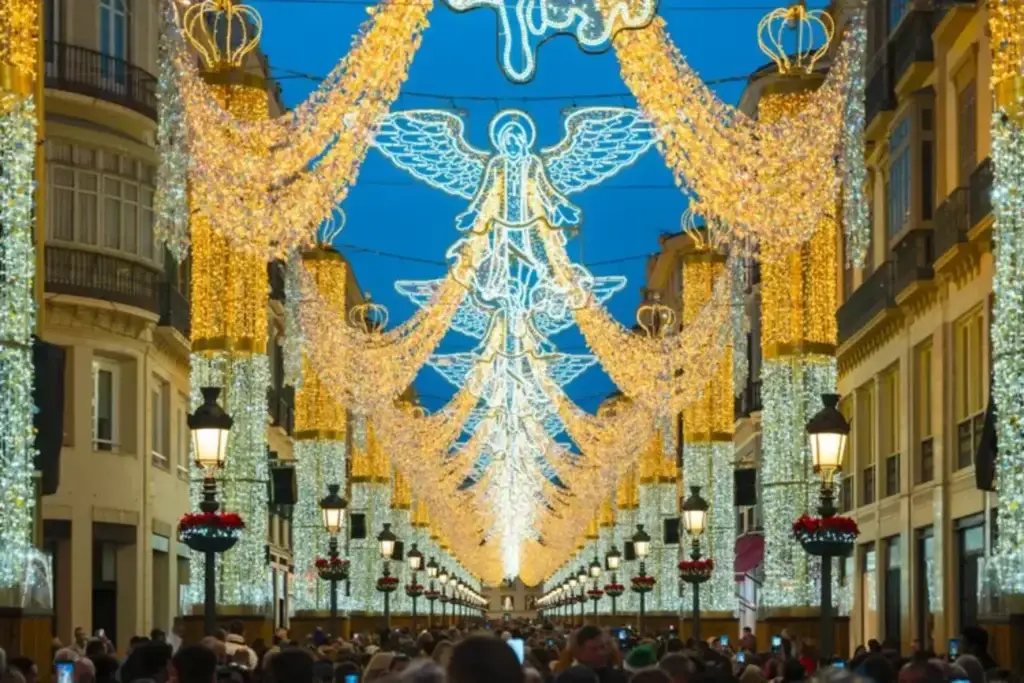 Christmas lights and crowds in Malaga, Spain