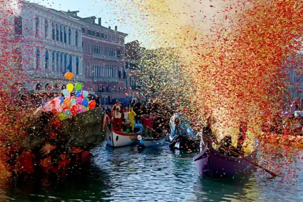 Confetti over the Grand Canal in Venice during carnival