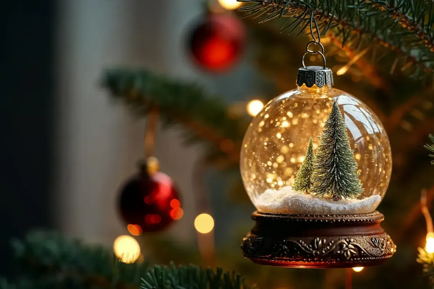 Snow globe on a Christmas tree branch