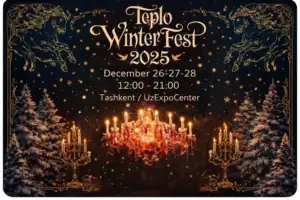 Poster for Teplo Winter Fest 2025 in Tashkent featuring a crystal chandelier, winter fir trees, and decorative elements, taking place from December 26–28 at UzExpoCenter.