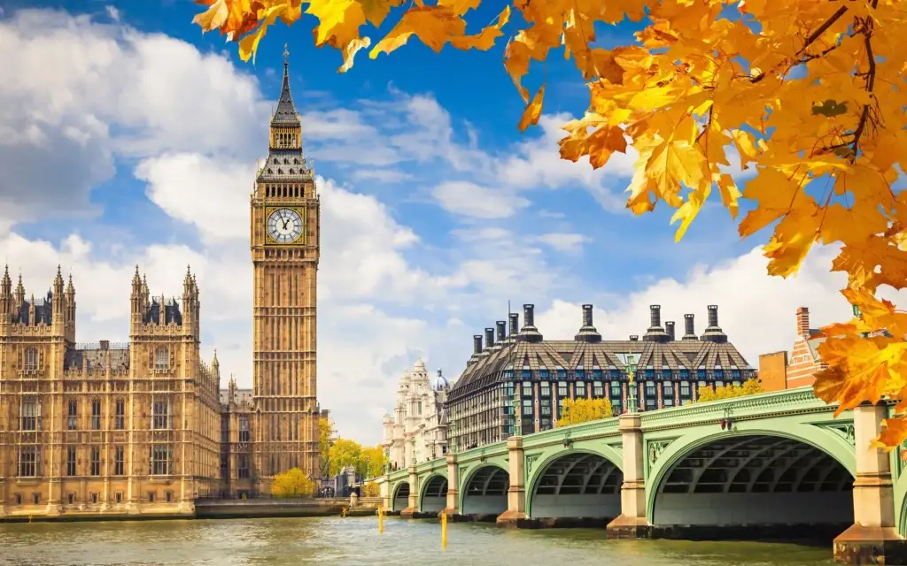 Big Ben, Palace of Westminster, and Westminster Bridge in London, autumn scenery