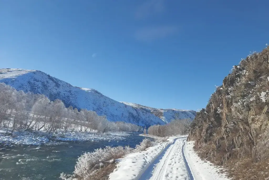 Bukhtarma River near the village of Moyyldy. The road to the apiary