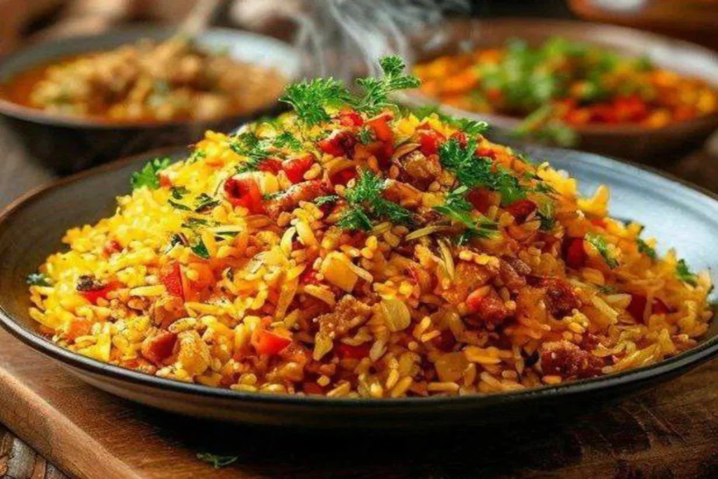A plate of fragrant, hot plov, the Uzbek dish made with rice, onions, and carrots