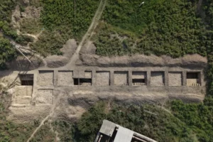 Aerial view of the ancient settlement of Kuva in the Uzbek part of the Ferghana Valley