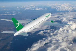 Turkmenhowaýollary airline plane in the sky