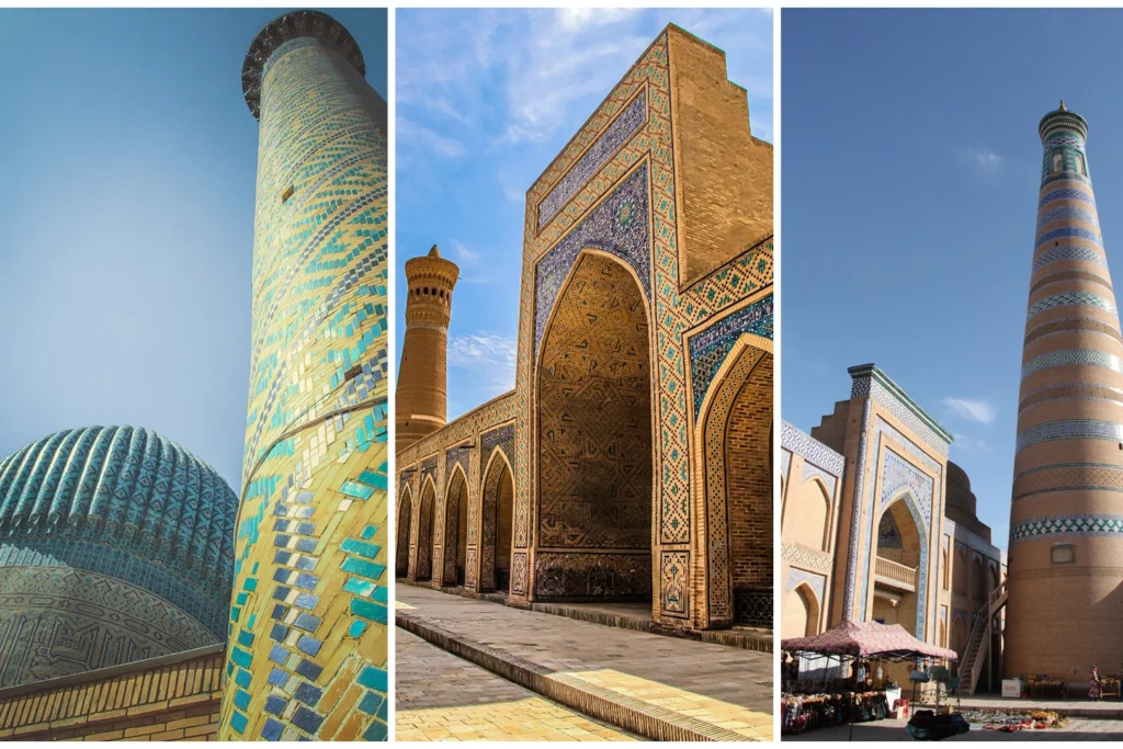 From left to right: Gur-Emir (Samarkand), Kalan Mosque (Bukhara), Islam Khodja Minaret (Khiva)
