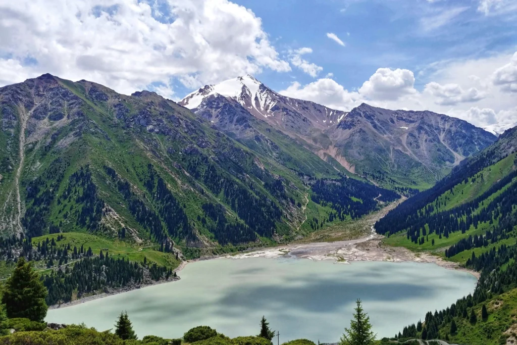 Big Almaty Lake Reflection of clouds over Zailiysky alatau in the clear water of the Big Almaty Lake