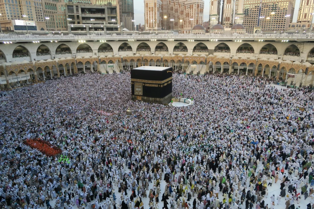 Pilgrims praying at the Kaaba in Mecca