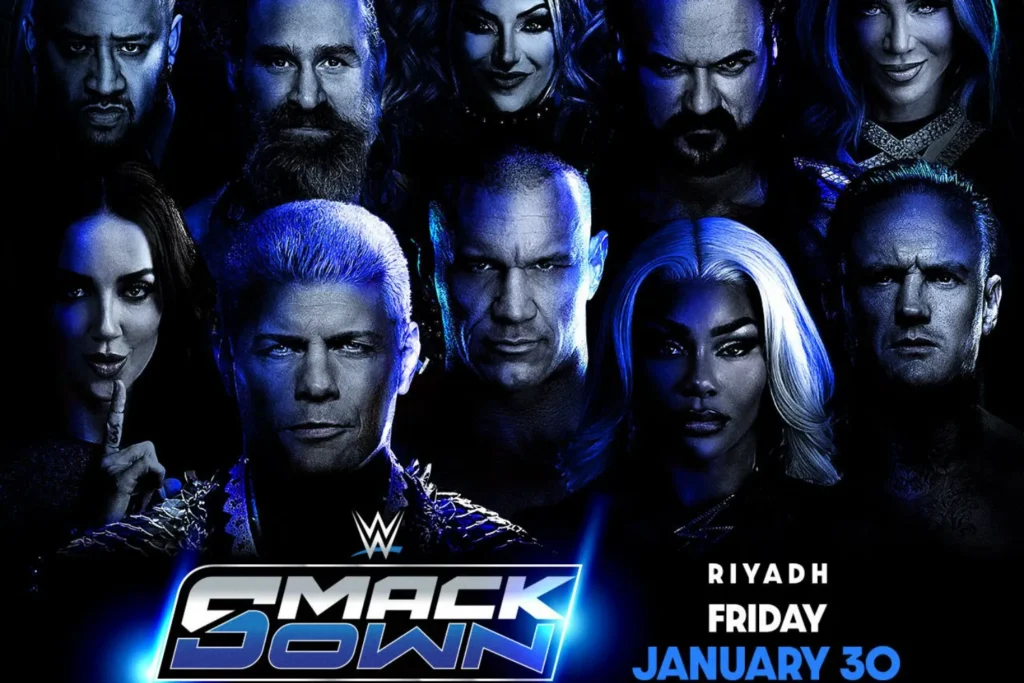 WWE SmackDown poster announcing the January 30th show in Riyadh featuring Cody Rhodes, Randy Orton, Drew McIntyre, Jade Cargill and more