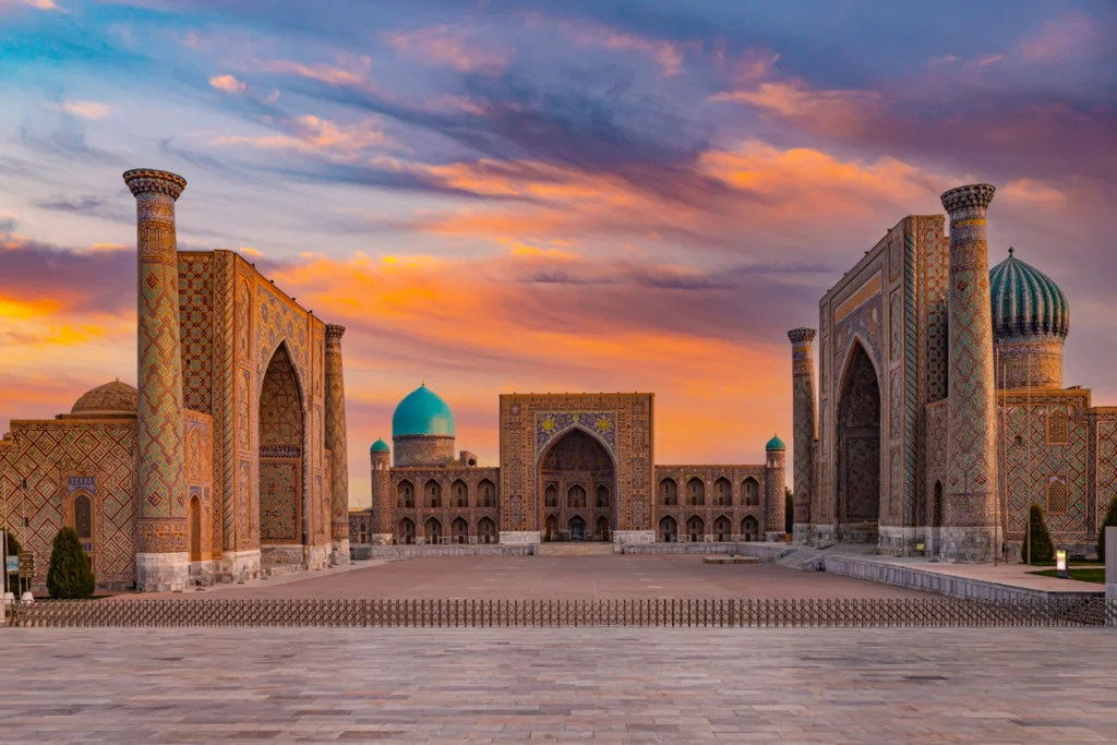 The Registan building against the sunset