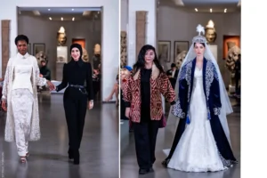 On the left, one model wears a white patterned outfit and the other a black outfit with a hijab. On the right, a woman in a patterned jacket walks alongside a model wearing a white wedding dress with a long blue embroidered cape and traditional headpiece