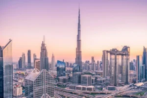 Panoramic view of Downtown Dubai business center with the world's tallest tower, Burj Khalifa