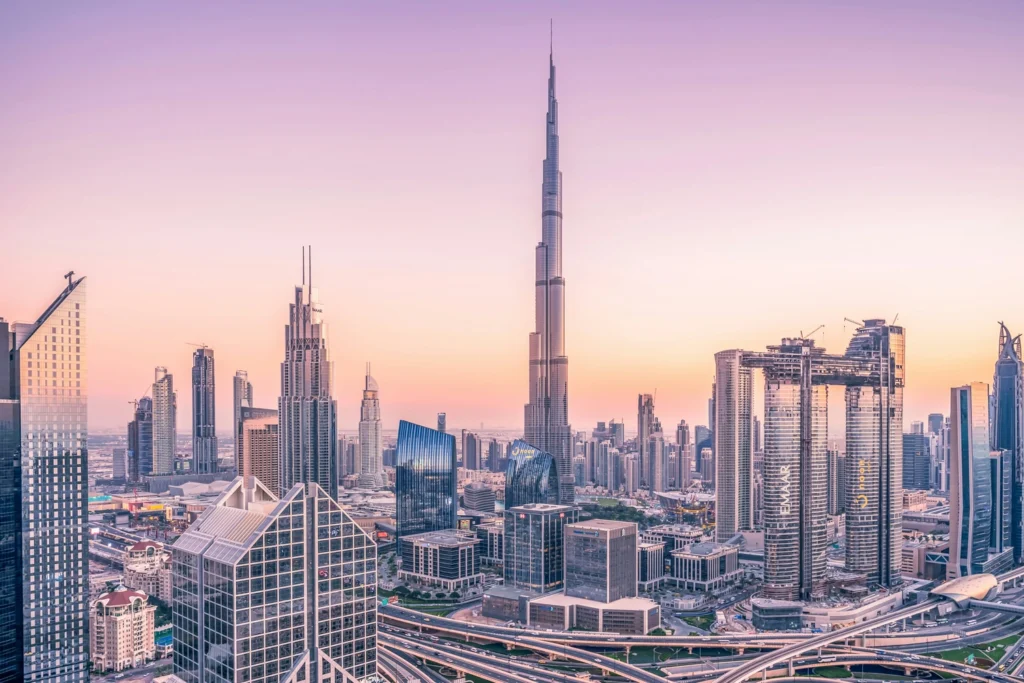 Panoramic view of Downtown Dubai business center with the world's tallest tower, Burj Khalifa