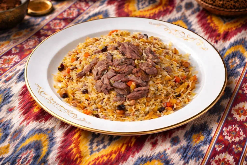 A plate of plov on a traditional Uzbek atlas tablecloth