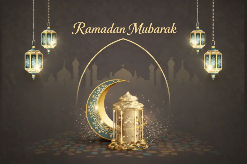 Ramadan greeting card with the text ‘Ramadan Mubarak’, featuring ornate lanterns, a golden crescent moon, and a mosque silhouette on a dark decorative background
