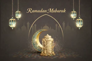 Ramadan greeting card with the text ‘Ramadan Mubarak’, featuring ornate lanterns, a golden crescent moon, and a mosque silhouette on a dark decorative background